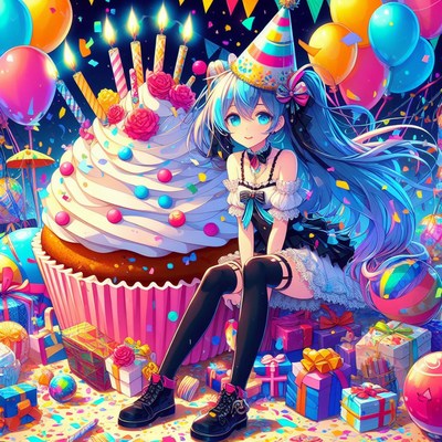 Anime girl celebrates birthday with giant cupcake