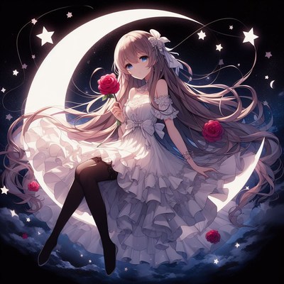 Anime girl sitting on crescent moon