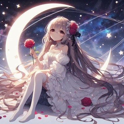 Anime girl with rose under crescent moon