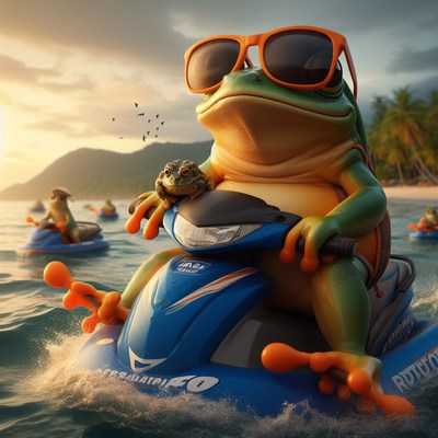 Frog riding jet ski at sunset