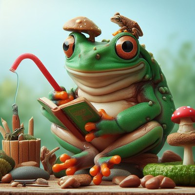Frog reading book with mushroom hat