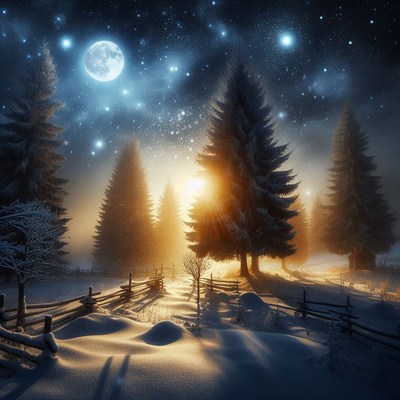 Snowy forest path at night