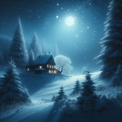 Snowy cabin under moonlight