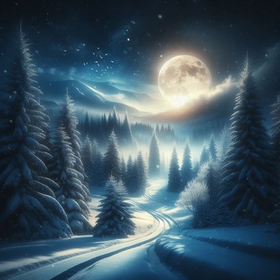 Snowy forest path under full moon