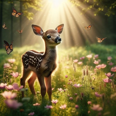 Fawn in a meadow with butterflies