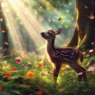 Fawn in a sunlit forest