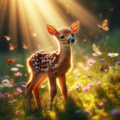 Fawn in a meadow with butterflies