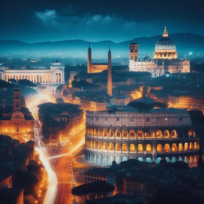 Night view of rome with colosseum and traffic