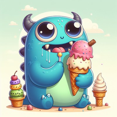 Cute monster enjoying ice cream