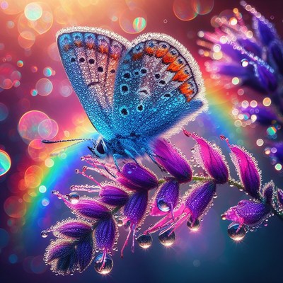 Blue butterfly on purple flower with rainbow