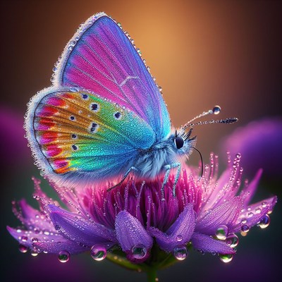 Colorful butterfly on dewy flower