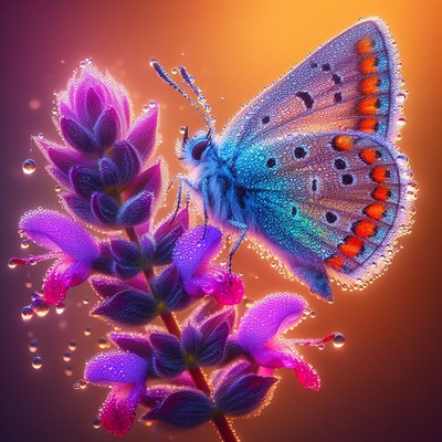 Butterfly on purple flower with dewdrops