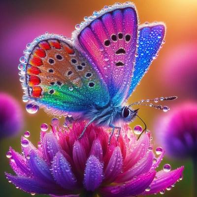 Colorful butterfly on dew-covered flower