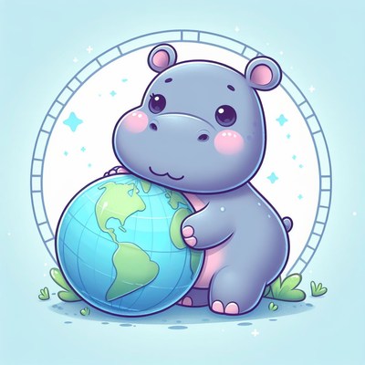 Cute hippo holding earth
