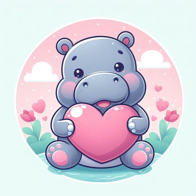 Cute hippo holding heart