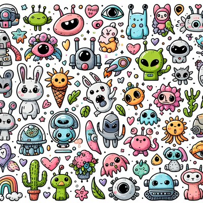 Cute doodle creatures pattern