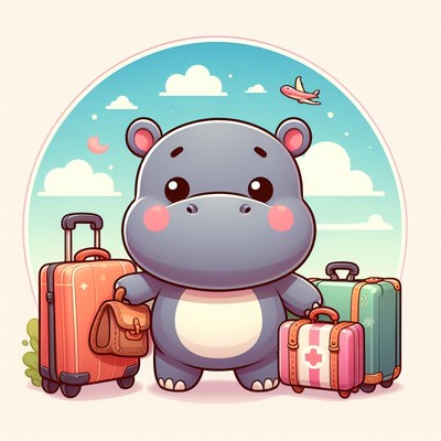 Hippopotamus traveling with luggage