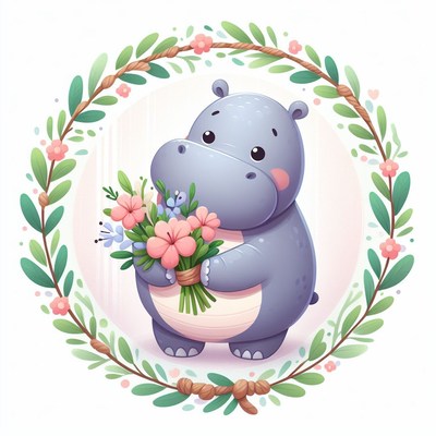 Cute hippo holding flowers