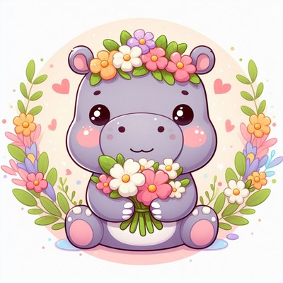 Cute hippo holding flowers