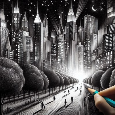 Cityscape drawing with pencil at night