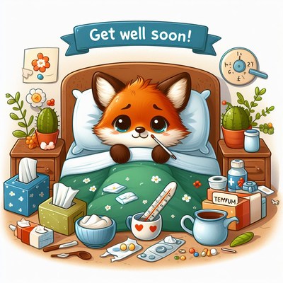 Sick fox in bed with medicine
