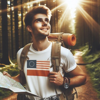 Man hiking through forest with american flag t-shirt