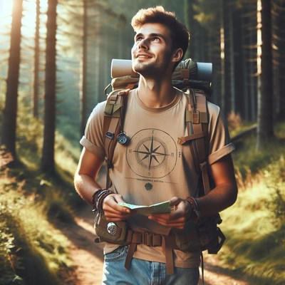 Man hiking through forest with compass