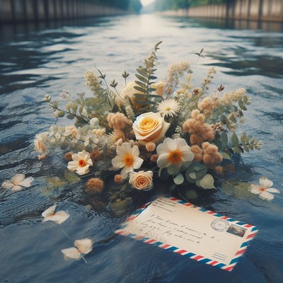 Floral arrangement floating on canal