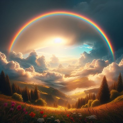 Rainbow over mountains at sunset