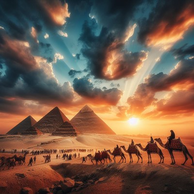 Giza pyramids sunset with camels