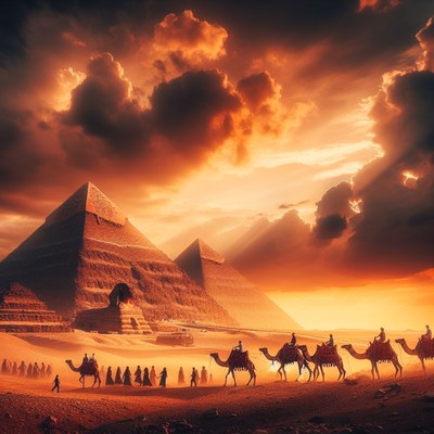 Caravan traveling past pyramids at sunset