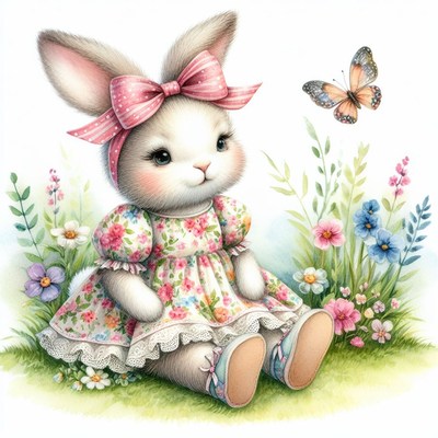 Bunny in floral dress with butterfly