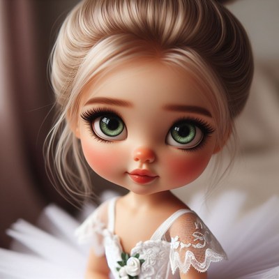 Doll with green eyes and white dress