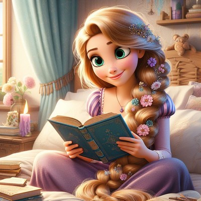 Rapunzel reading in her bedroom