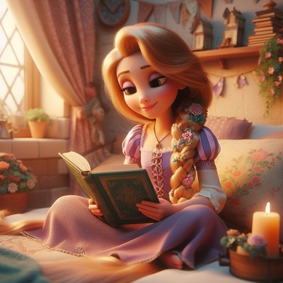 Rapunzel reading in her tower room