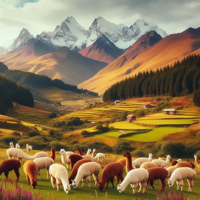 Alpaca herd grazing in mountain valley