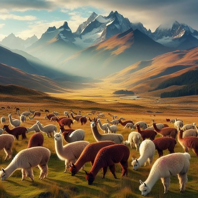 Alpaca herd grazing in mountain valley