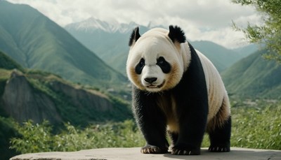 Giant panda walking on mountain path