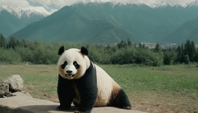 Panda sitting in mountainous habitat