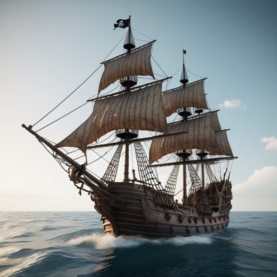 Pirate ship sailing at sea