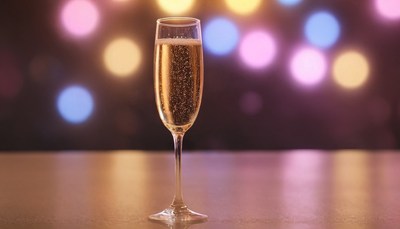 Champagne glass on table with lights
