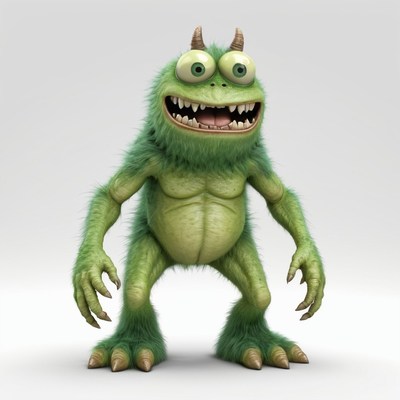 Green furry monster smiles