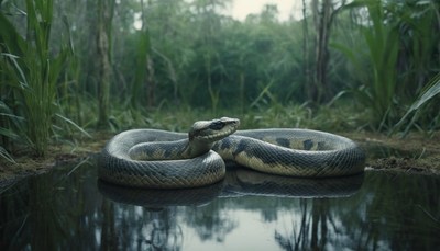 Snake coiled in rainforest pool