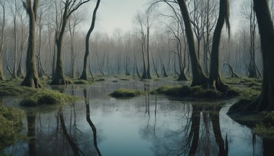 Foggy swamp forest landscape