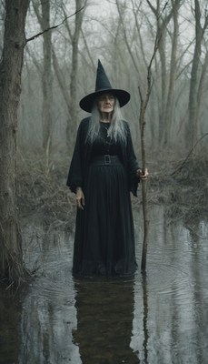 Witch stands in flooded forest