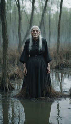 Woman in black dress in foggy swamp