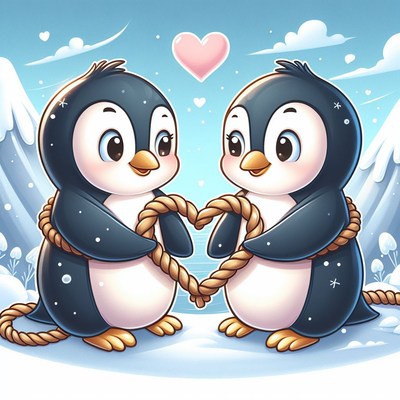 Penguin couple holding heart rope