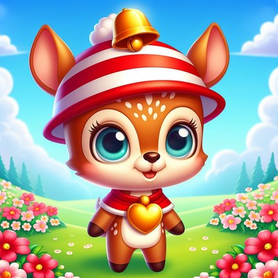 Cute deer in red striped hat