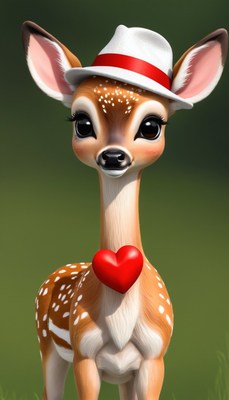 Fawn with red heart and hat