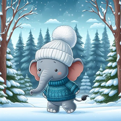 Elephant walking in winter forest